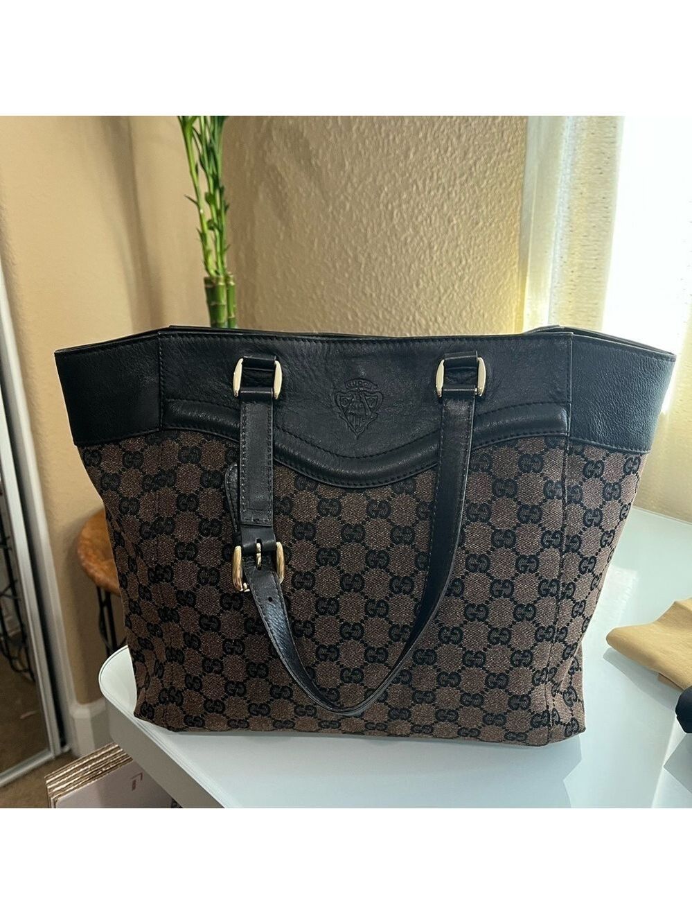 GUCCI GG BROWN CANVAS CREST TOTE - Picture 15 of 15